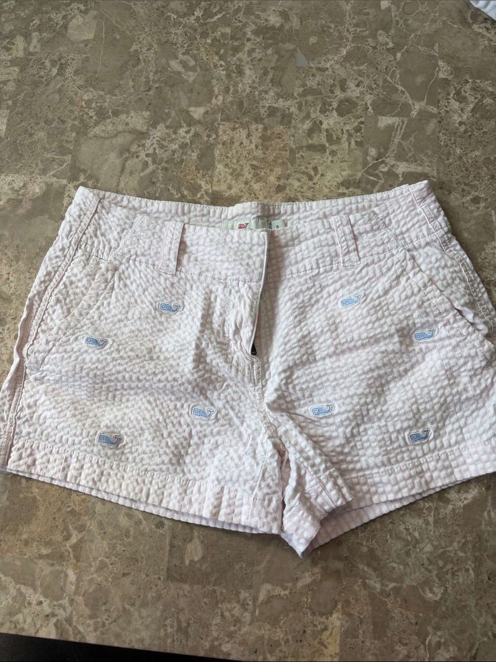 Vineyard Vines Pink Seersucker Shorts with Whale Embroidery